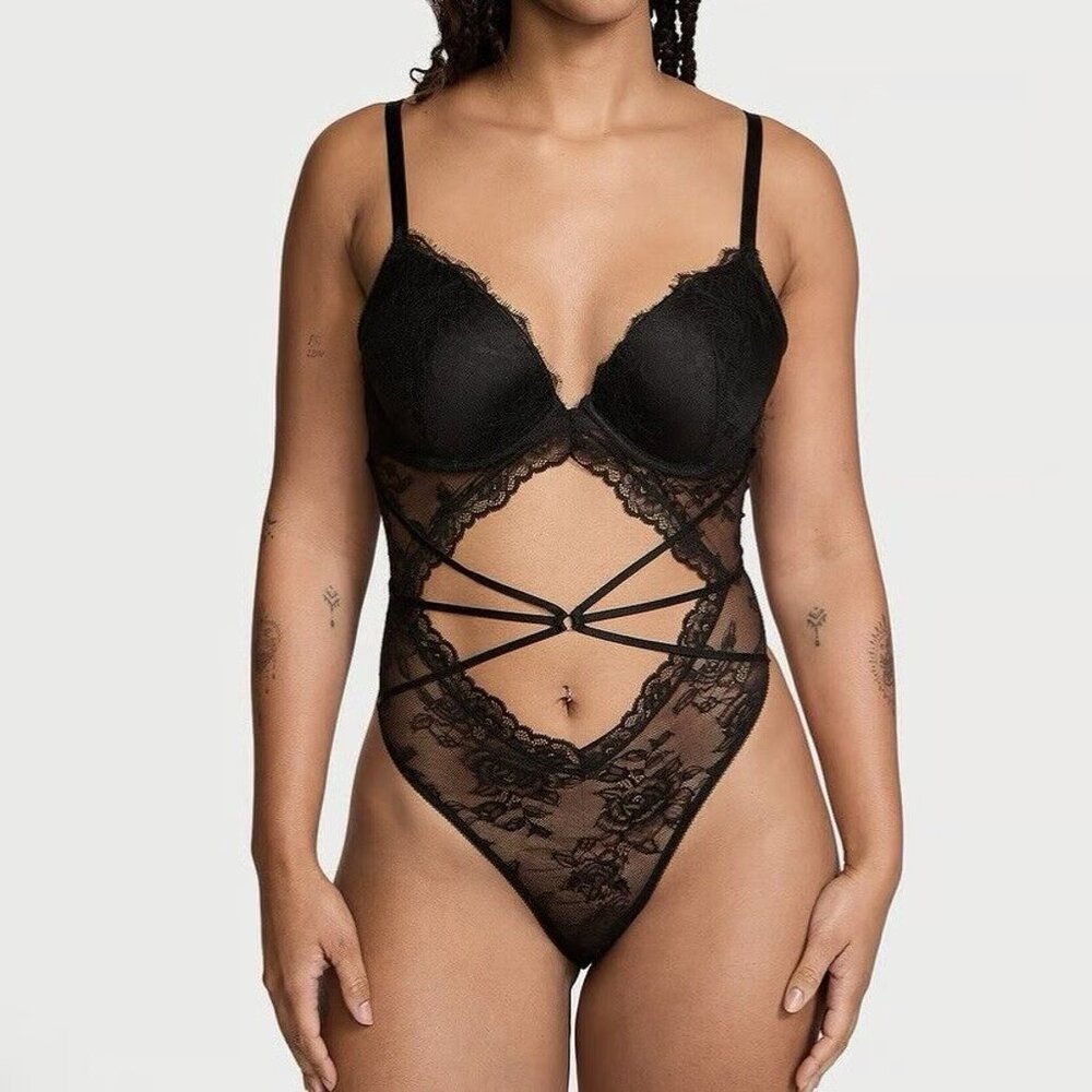 VICTORIA'S SECRET VERY SEXY Rose Lace Strappy Teddy Black XL NEW X Large